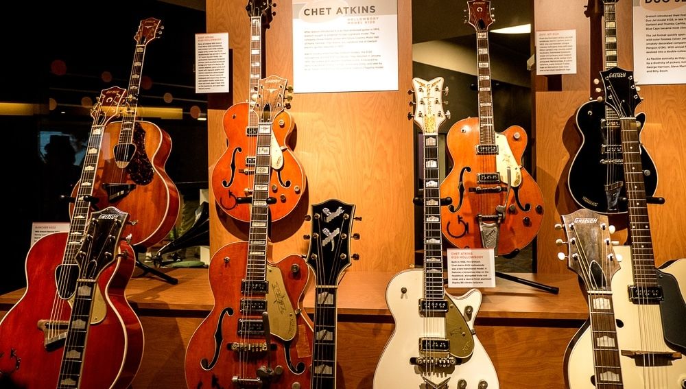 Various Gretsch Models on display at The Country Music Hall of Fame.